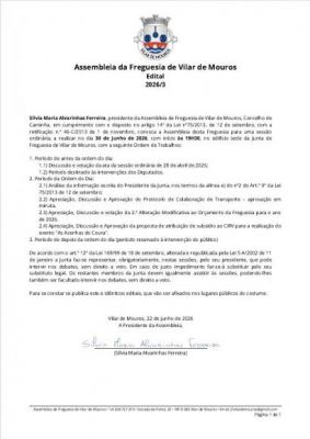 Edital - Assembleia de Freguesia Ordin&aacute;ria - 30 de junho 2026