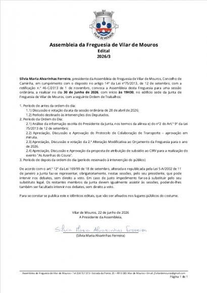 Edital - Assembleia de Freguesia Ordin&aacute;ria - 30 de junho 2026