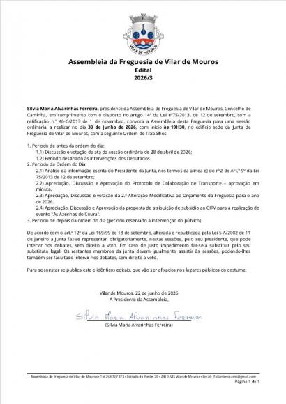 Edital - Assembleia de Freguesia Ordin&aacute;ria - 30 de junho 2026