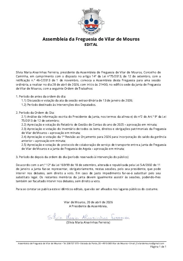 Assembleia de Freguesia Ordin&aacute;ria 